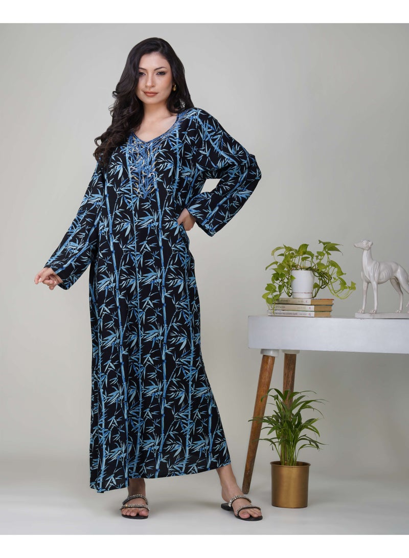 LINELLE جلابية لينيل النسائية المزخرفة - فستان رايون بأكمام كاملة باللونين الأسود والأزرق مع تصميم رقبة مطرز - Image 1