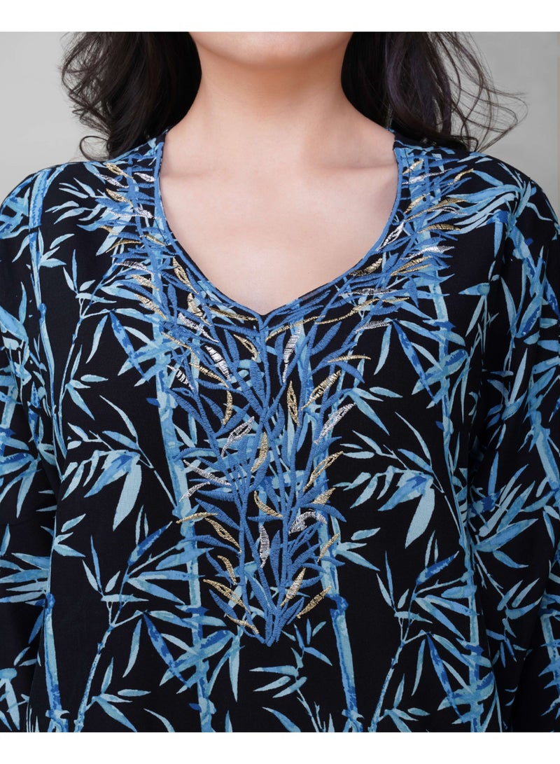 LINELLE جلابية لينيل النسائية المزخرفة - فستان رايون بأكمام كاملة باللونين الأسود والأزرق مع تصميم رقبة مطرز - Image 5