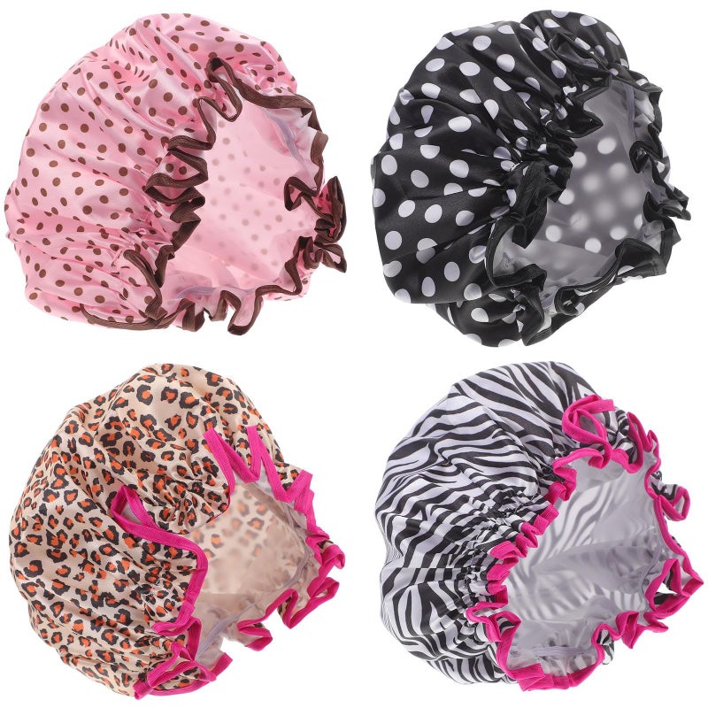 Set of 4 Double Layer Reusable Shower Caps Waterproof Hair Protection - Image 2