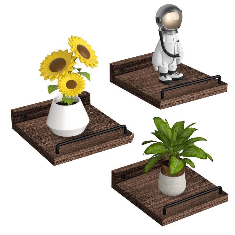 RYOFOBETTO Small Floating Shelf, 6X6 Inches Farmhouse Wall Shelves for Living Room, Bedroom, Picture Frames, Plants, Kitchen, Set of 3 (Brown) - Image 1