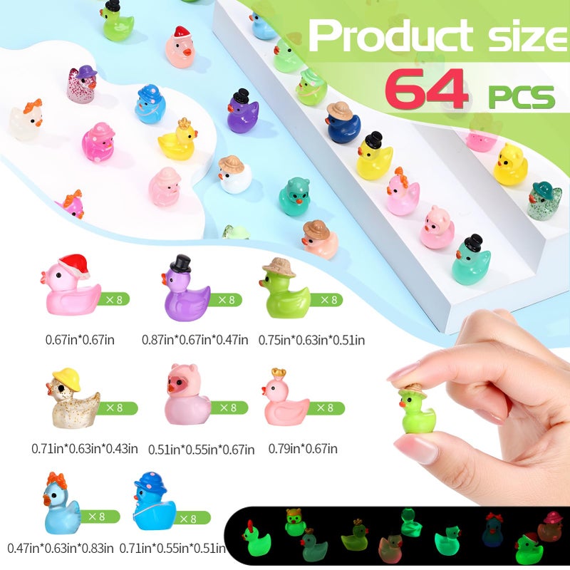 GGSTDDUP 64 Pcs Luminous Mini Resin Ducks, 8 Types Small Ducks Plastic Mini Resin Animals Figures Miniature Figurines for Fairy Garden, Dollhouse, Aquarium, Potted, Cake Topper, Miniature Landscape - Image 2