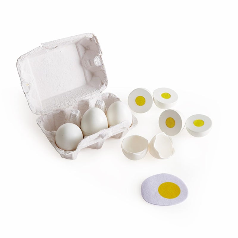 Hape Egg Carton | 3 Hard-Boiled Eggs with Easy-Peel Shell & 3 Fried, Wooden Realistic Educational Toy for Children 3+, White and Yellow (E3156) - Image 1