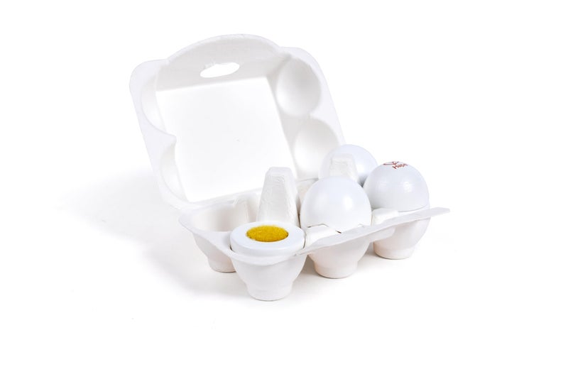 Hape Egg Carton | 3 Hard-Boiled Eggs with Easy-Peel Shell & 3 Fried, Wooden Realistic Educational Toy for Children 3+, White and Yellow (E3156) - Image 4