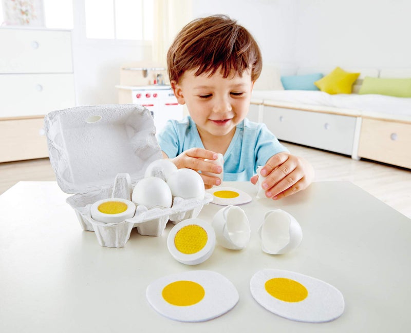 Hape Egg Carton | 3 Hard-Boiled Eggs with Easy-Peel Shell & 3 Fried, Wooden Realistic Educational Toy for Children 3+, White and Yellow (E3156) - Image 5