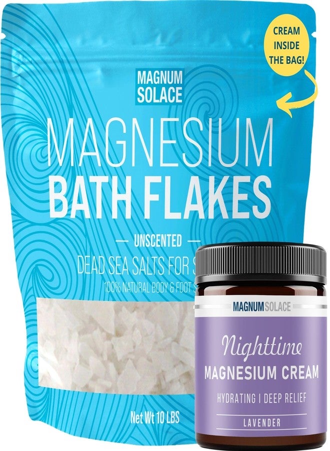Magnum Solace Magnesium Flakes for Bath 10 LBS, Plus Nighttime Magnesium Cream - Inside The Bag, Lavender - Image 1