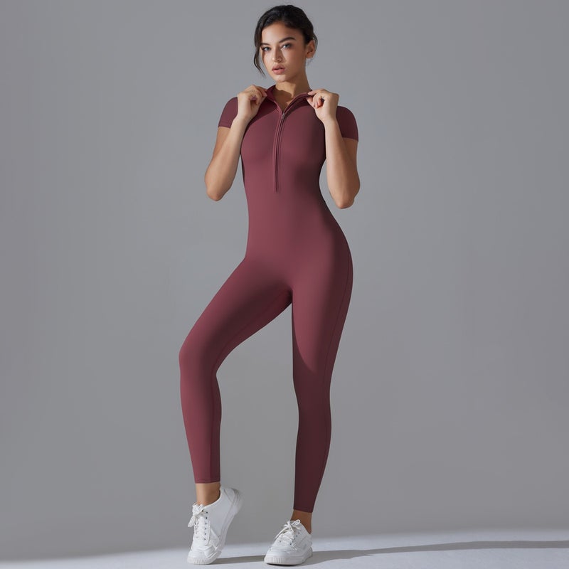 Slim Fit One-Piece Sports Jumpsuit for Women - Short Sleeve Halfs Zip Yoga Bodysuit Athletic  Romper - Image 1