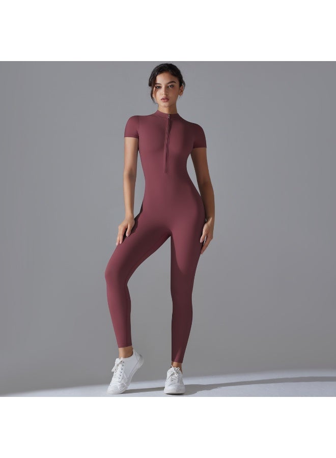Slim Fit One-Piece Sports Jumpsuit for Women - Short Sleeve Halfs Zip Yoga Bodysuit Athletic  Romper - Image 4