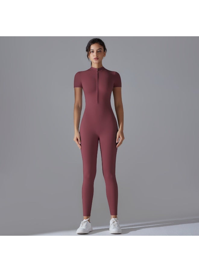 Slim Fit One-Piece Sports Jumpsuit for Women - Short Sleeve Halfs Zip Yoga Bodysuit Athletic  Romper - Image 2