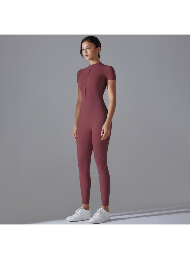 Slim Fit One-Piece Sports Jumpsuit for Women - Short Sleeve Halfs Zip Yoga Bodysuit Athletic  Romper - Image 3