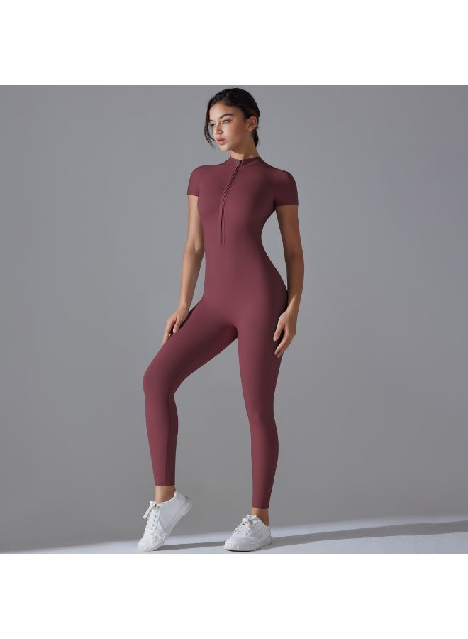 Slim Fit One-Piece Sports Jumpsuit for Women - Short Sleeve Halfs Zip Yoga Bodysuit Athletic  Romper - Image 5