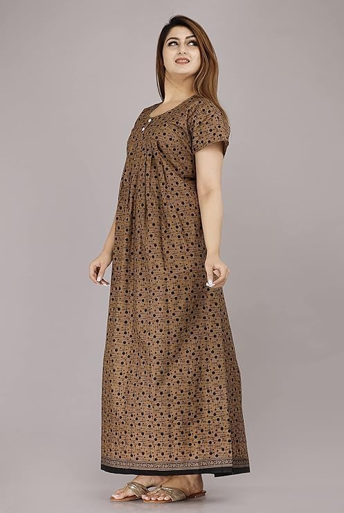 Vlazom Women’s Cotton Printed Maxi Nighty – Ankle Length Night Dress Gown, Pack of 2, Free Size – Soft & Breathable Sleepwear (bROWN&yELLOW_C, Free Size) - Image 3