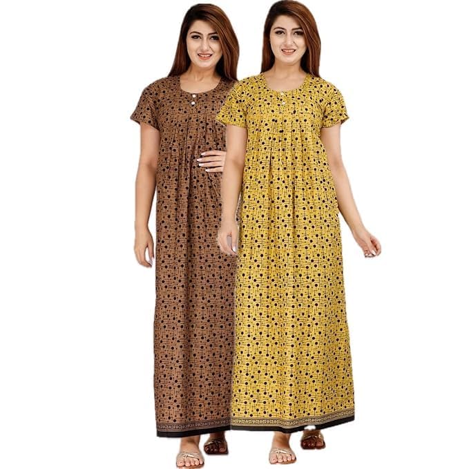 Vlazom Women’s Cotton Printed Maxi Nighty – Ankle Length Night Dress Gown, Pack of 2, Free Size – Soft & Breathable Sleepwear (bROWN&yELLOW_C, Free Size) - Image 1