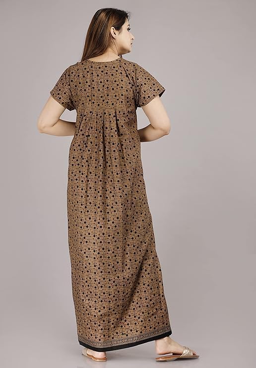 Vlazom Women’s Cotton Printed Maxi Nighty – Ankle Length Night Dress Gown, Pack of 2, Free Size – Soft & Breathable Sleepwear (bROWN&yELLOW_C, Free Size) - Image 4