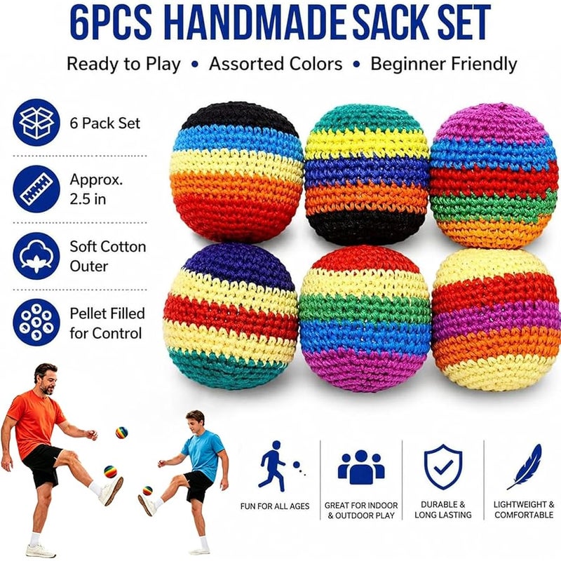 TORVINIS 6-Pack Hand-Knitted Footbag Set - Premium Cotton Crochet Kick Balls for Beginners & Pros - Multi-Colored Geometric Pattern Juggling Balls - Durable Outdoor Game for Adults & Kids - Image 3