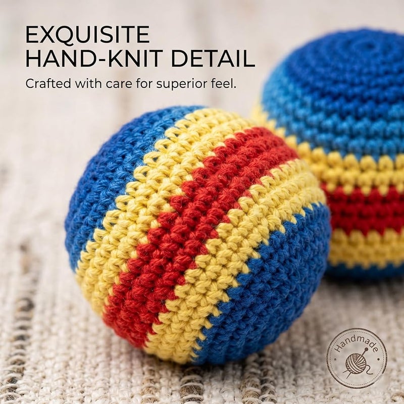 TORVINIS 6-Pack Hand-Knitted Footbag Set - Premium Cotton Crochet Kick Balls for Beginners & Pros - Multi-Colored Geometric Pattern Juggling Balls - Durable Outdoor Game for Adults & Kids - Image 4