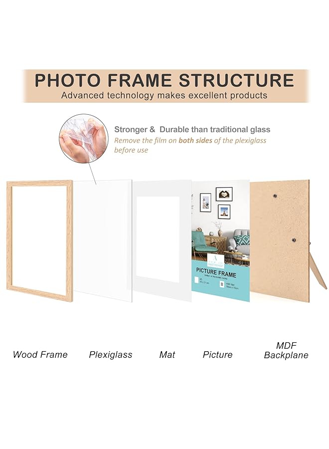 إيروريكس إطار صورة شهادة مقاس A5 من خشب البلوط مع حامل لإطار ملصق مطبوع مقاس 4 × 6 مع زجاج شبكي للتثبيت على الحائط 15 × 21 سم مجموعة من قطعتين - Image 5