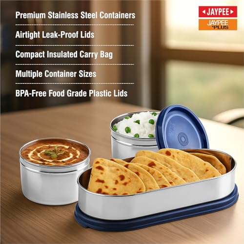Jaypee Plus Basix Lunch Box for Office 1300 ml 3 Containers (1-450 ml, 2-400 ml) Air Tight Leakproof Stainless Steel Container with Bag | BPA Free | Easy to wash | Ideal for College & School, Blue - Image 5