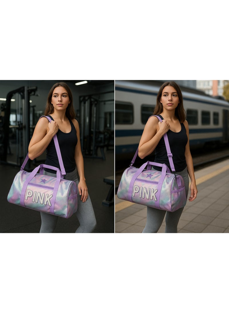 PINK PINK Holographic Duffle Bag, Lilac Purple with Star Detail, Gym and Travel Shoulder Bag  - Image 3