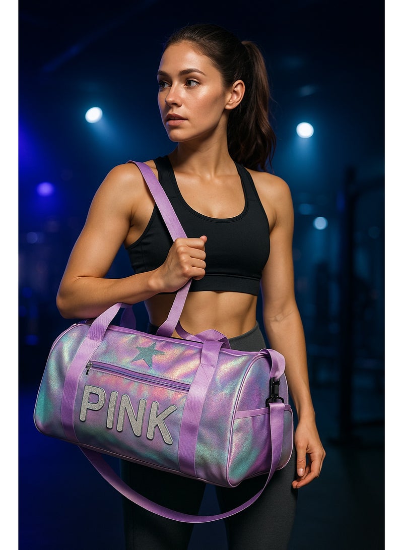 PINK PINK Holographic Duffle Bag, Lilac Purple with Star Detail, Gym and Travel Shoulder Bag  - Image 5