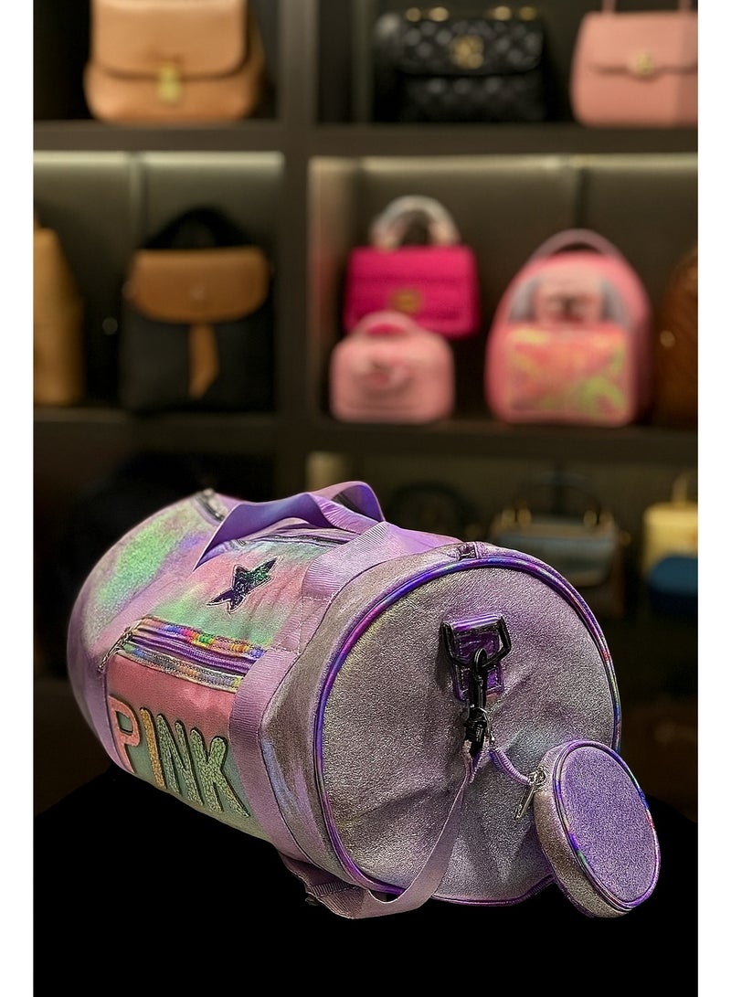 PINK PINK Holographic Duffle Bag, Lilac Purple with Star Detail, Gym and Travel Shoulder Bag  - Image 2