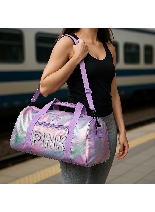 PINK PINK Holographic Duffle Bag, Lilac Purple with Star Detail, Gym and Travel Shoulder Bag  - Image 4