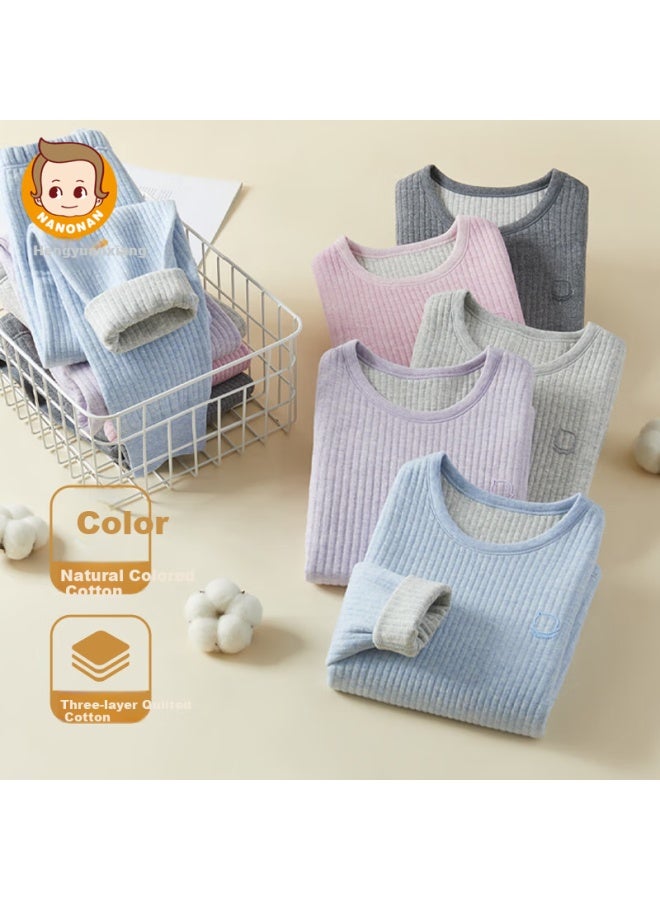 Children'S Thermal Underwear Set, Boys And Girls Padded Thickened Autumn Clothes And Pants, For Older Children, Three-Layer Padded Inner Wear Pajamas - Image 3