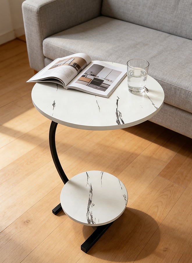Migue home Round Two Tier Coffee Table for Living Room, Side Table, Marble Like Finish,  Easy Assembly,  60cm H x 40cm W, Black and White Color - Image 1