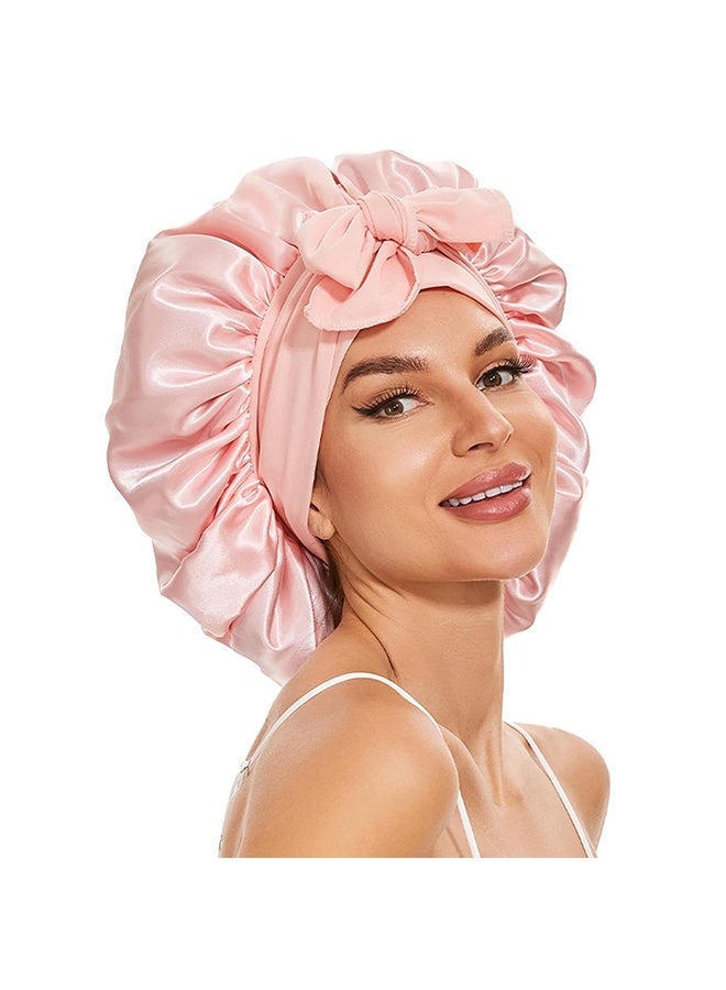 Peachjoy بونيت حرير كبير للنوم، بونيت ساتان للشعر مع حزام، بونيت ساتان مزدوج الطبقة للنساء ذوات الشعر المجعد الطبيعي (وردي) - Image 1