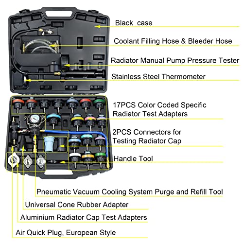 YSTOOL Radiator Pressure Tester Pneumatic Vacuum Type Purge Refill Kit Universal Automotive Cooling System Water Tank Leak Test and Coolant Fill Tool 28PCS Set with Adapters Gauge Red Case - Image 3