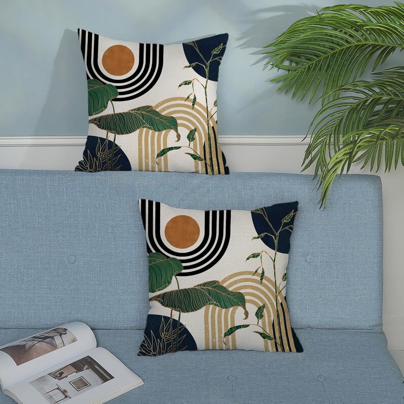 JEFERSO Boho Navy Blue Pillow Covers 18x18 Set of 2 Gold Leaf Tropical Mid Century Throw Pillows Outdoor Bohemian Abstract Modern Decorative Pillowcase Farmhouse Linen Cushion Case for Couch Sofa Decor - Image 3