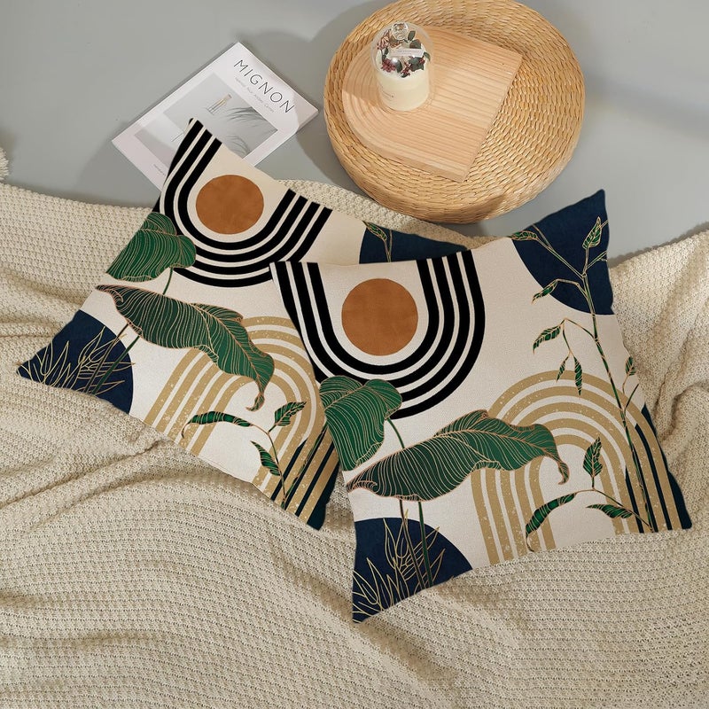 JEFERSO Boho Navy Blue Pillow Covers 18x18 Set of 2 Gold Leaf Tropical Mid Century Throw Pillows Outdoor Bohemian Abstract Modern Decorative Pillowcase Farmhouse Linen Cushion Case for Couch Sofa Decor - Image 5