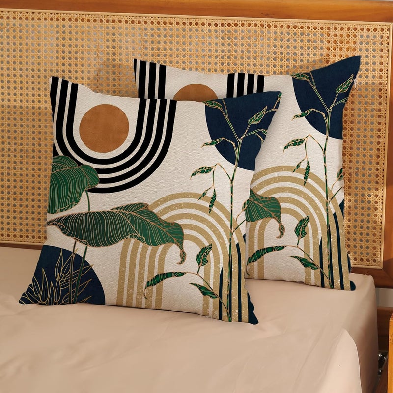 JEFERSO Boho Navy Blue Pillow Covers 18x18 Set of 2 Gold Leaf Tropical Mid Century Throw Pillows Outdoor Bohemian Abstract Modern Decorative Pillowcase Farmhouse Linen Cushion Case for Couch Sofa Decor - Image 2