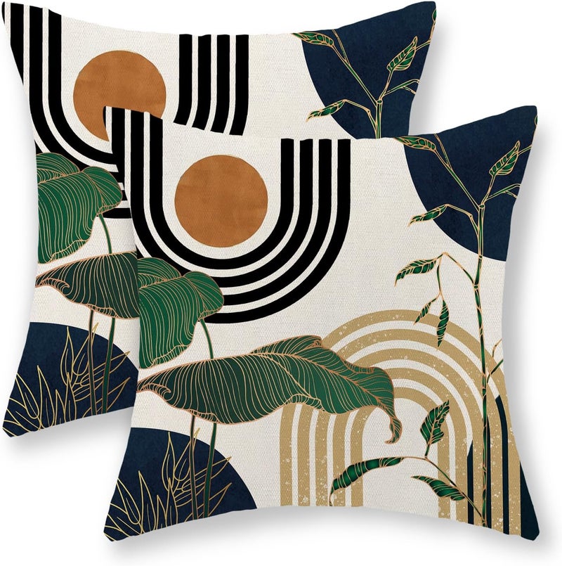 JEFERSO Boho Navy Blue Pillow Covers 18x18 Set of 2 Gold Leaf Tropical Mid Century Throw Pillows Outdoor Bohemian Abstract Modern Decorative Pillowcase Farmhouse Linen Cushion Case for Couch Sofa Decor - Image 1