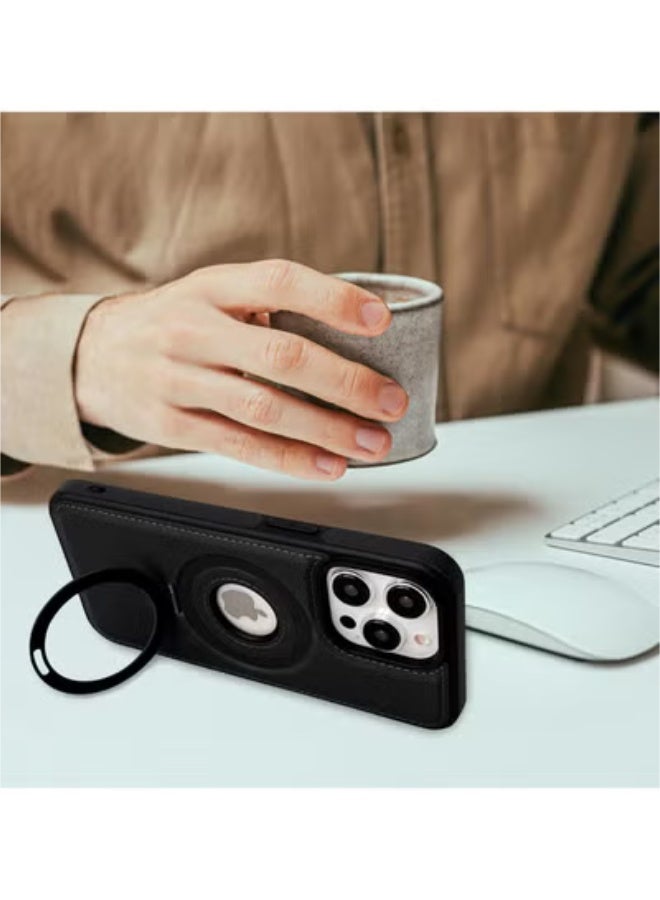 SOKAD iPhone 14 Pro Max Leather Case with Metal Magnetic Folding Stand - Black - Image 2