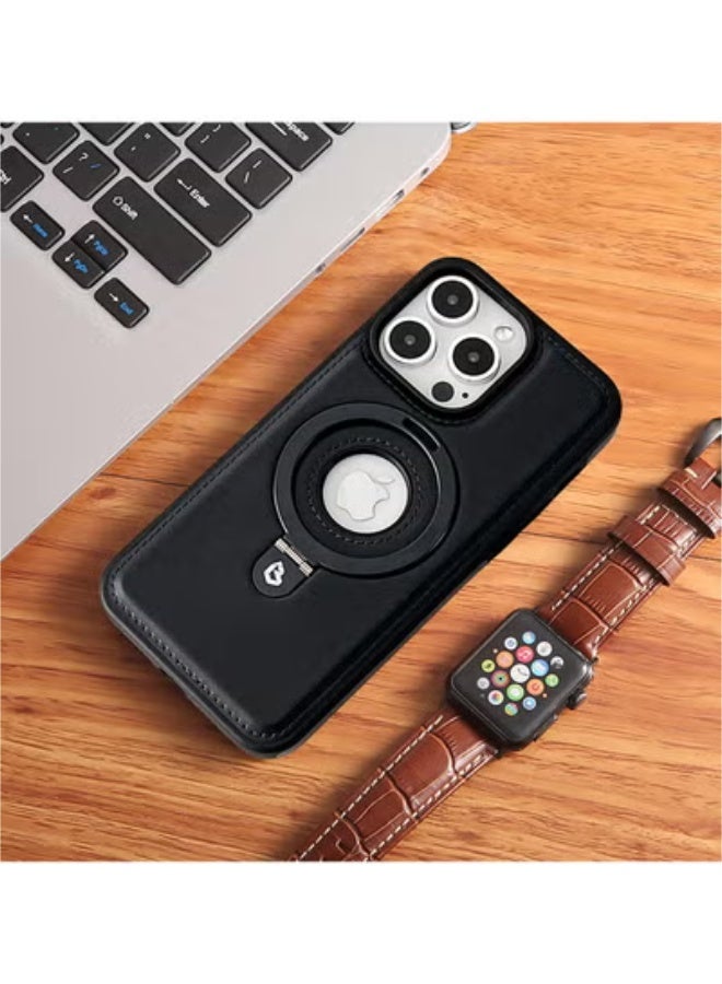 SOKAD iPhone 14 Pro Max Leather Case with Metal Magnetic Folding Stand - Black - Image 1