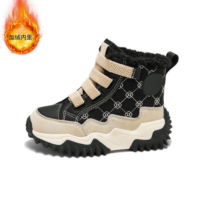 Boys Shoes Fleece-Lined Thickened Lightweight Non-Slip High-Top Large Cotton Shoes Large Children Soft Bottom Sneaker - Image 1