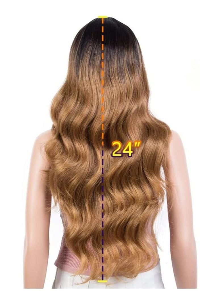 إستيل دانتيل أمامي طويل مموج مع شعر مستعار مقلد لفروة الرأس مقاس 13 × 2.5 بوصة 24 بوصة باروكات صناعية مموجة خالية من الجزء المقاوم للحرارة مع شعر الطفل للنساء 130٪ كثافة الجسم موجة أومبير لون العسل - Image 4