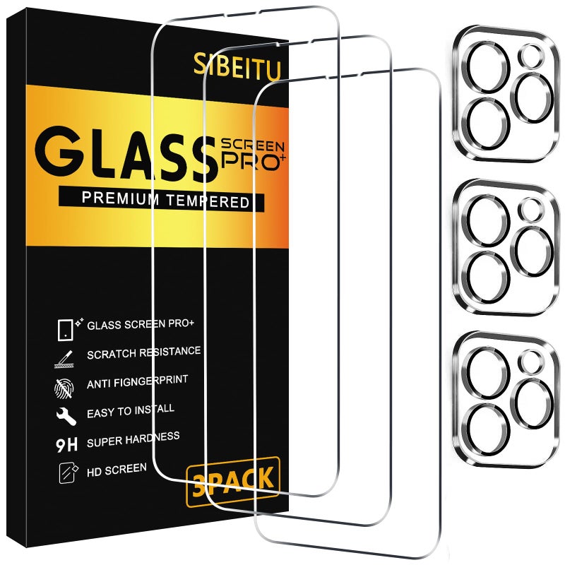 SIBEITU 3 Pack Screen Protector for iPhone 13 Pro with 3 Pack Camera Lens Tempered Glass Protector, 6.1 Inch HD Clear Glass Film 9H Hardness Full Coverage, Scratch Resistent, No Air Bubbles - Image 1