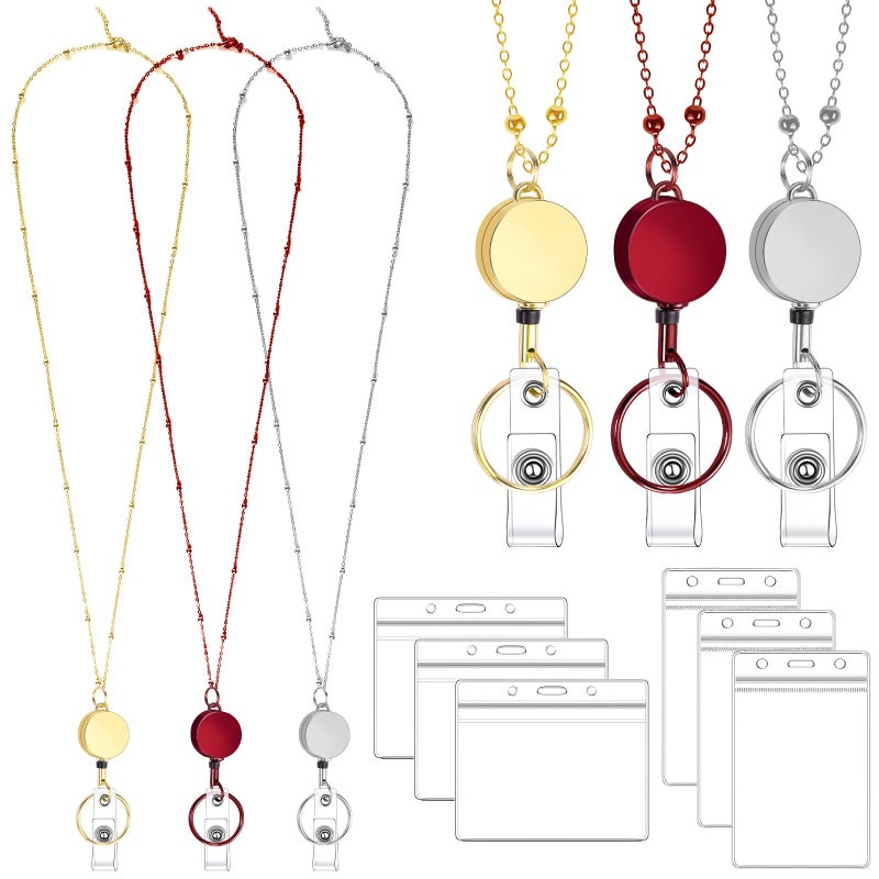 Prudiut Lanyards for Id Badges 3 Pack Badge Lanyard with 6 Pcs Id Badge Holder Retractable Stainless Steel Teacher Lanyard Cruise Ship Lanyards for Girl Women (Red, Silver, Gold) - Image 1