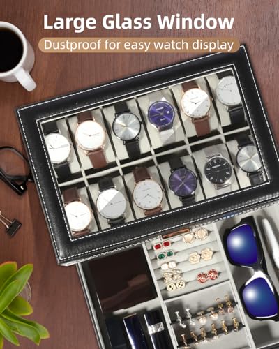 Uten Watch Box, 12 Slots PU Leather Watch Display Case with Jewelry Drawer, Removable Watch Pillow, Metal Clasp, Watch Box Organizer - Image 5