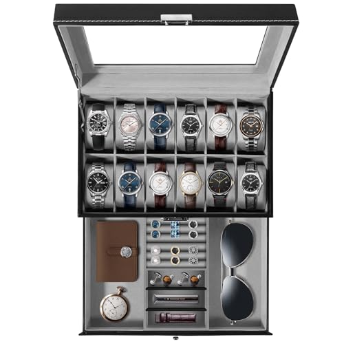 Uten Watch Box, 12 Slots PU Leather Watch Display Case with Jewelry Drawer, Removable Watch Pillow, Metal Clasp, Watch Box Organizer - Image 1