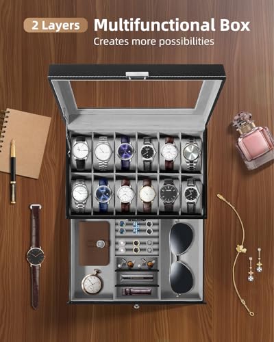 Uten Watch Box, 12 Slots PU Leather Watch Display Case with Jewelry Drawer, Removable Watch Pillow, Metal Clasp, Watch Box Organizer - Image 3
