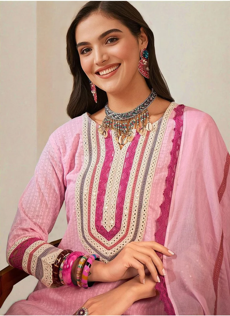 آي شين Women's Pink 100% Cotton Printed Tunic Full Length Casual Straight Fit Kurta Set