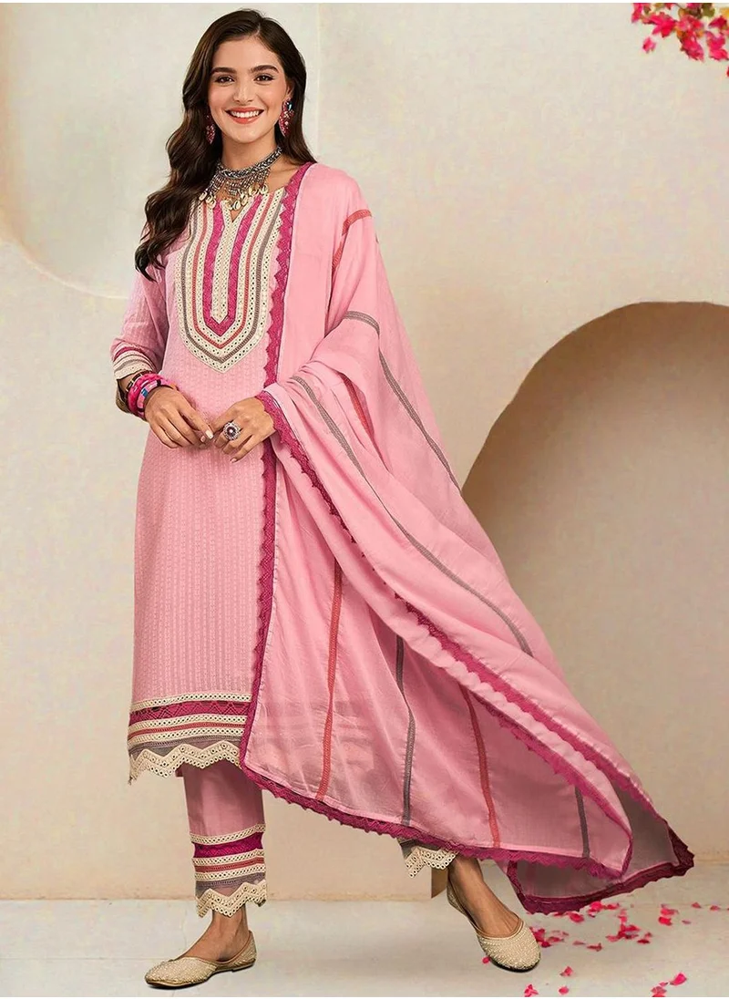 آي شين Women's Pink 100% Cotton Printed Tunic Full Length Casual Straight Fit Kurta Set