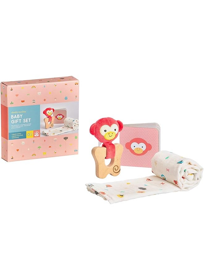 Petit Collage Organic 3 Piece Gift Set For Babies Cheeky Monkey Includes Beech Wood Teether Organic Cotton Burp Cloth And Baby Book Perfect Gift For Baby Shower And New Moms  - Image 1