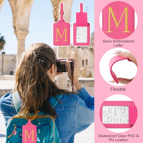 Iqimott Personalized Initial Luggage Tags for Suitcases, Cute PU Leather Embroidered Letter Travel Luggage Tags, Suitcase Identifier Name Baggage Tag, Bag Tags for Men Women Kids Luggage Handbags(Rosered M) - Image 5