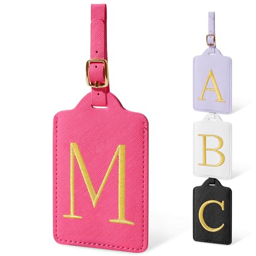 Iqimott Personalized Initial Luggage Tags for Suitcases, Cute PU Leather Embroidered Letter Travel Luggage Tags, Suitcase Identifier Name Baggage Tag, Bag Tags for Men Women Kids Luggage Handbags(Rosered M) - Image 1