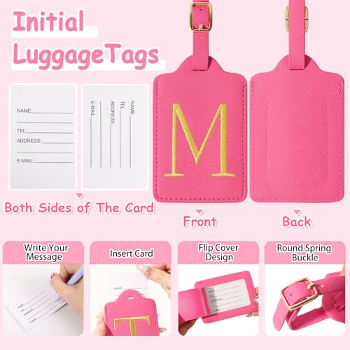 Iqimott Personalized Initial Luggage Tags for Suitcases, Cute PU Leather Embroidered Letter Travel Luggage Tags, Suitcase Identifier Name Baggage Tag, Bag Tags for Men Women Kids Luggage Handbags(Rosered M) - Image 3
