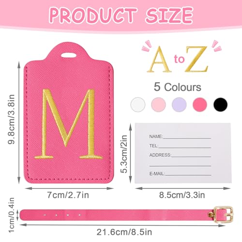 Iqimott Personalized Initial Luggage Tags for Suitcases, Cute PU Leather Embroidered Letter Travel Luggage Tags, Suitcase Identifier Name Baggage Tag, Bag Tags for Men Women Kids Luggage Handbags(Rosered M) - Image 2