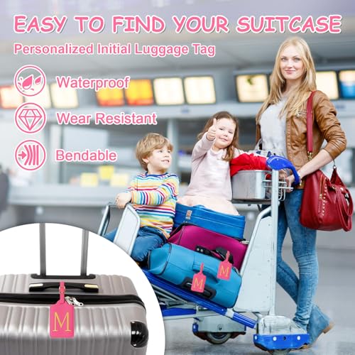 Iqimott Personalized Initial Luggage Tags for Suitcases, Cute PU Leather Embroidered Letter Travel Luggage Tags, Suitcase Identifier Name Baggage Tag, Bag Tags for Men Women Kids Luggage Handbags(Rosered M) - Image 4